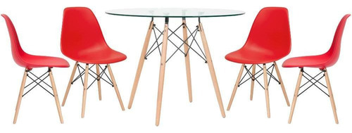 Kit Mesa Eames Wood 100 Cm Tampo Vidro 4 Cadeiras Eiffel Cor da tampa Vermelho