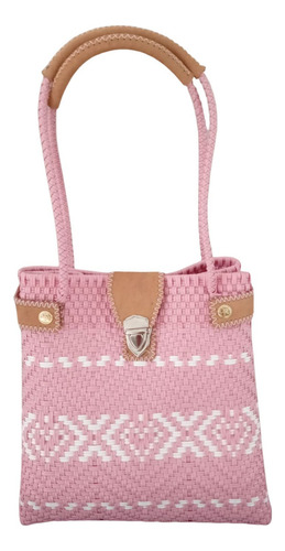 Elegante Bolsa De Toquilla Y Piel En Rosa Claro Con Blanco Acabado De Los Herrajes Níquel