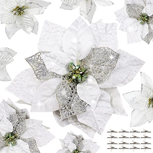 White Poinsettia Flowers For Christmas Tree, 20 Pcs Sil...