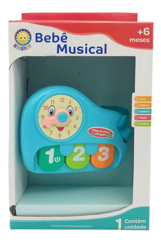 Brinquedo Bebê Musical Pianinho Com Relógio Educativo Azul