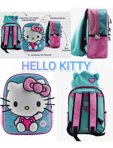 Mini Mochila Hello Kitty Celeste Con Capucha Marca Scool 
