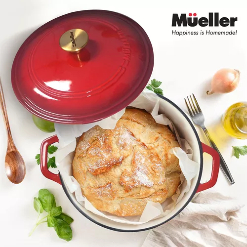 Mueller DuraCast - Olla holandesa de hierro fundido esmaltado de 6 cuartos  de galón con tapa, cazuela de alta resistencia, bandeja para estofar