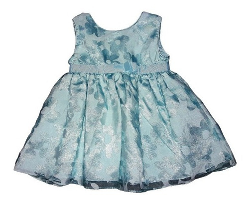 Vestido Celeste Tul Flores Raso Fiesta Beba T.9m Lazo Imp.us