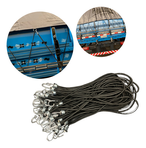 100 Extensores Elástico Preto 30cm P/ Lona Caminhao Multiuso
