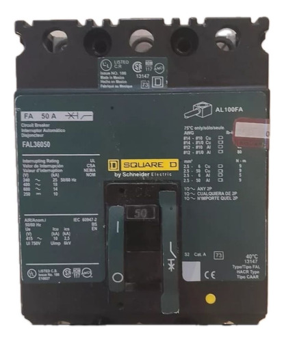 Interruptor Termomagnetico Fal36050 3p 600v. 50 Amp Squared