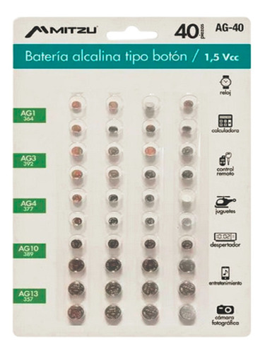 Imagen 1 de 3 de Baterias Alcalinas Boton Kit 8c/u Ag1 Ag3 Ag4 Ag10 Ag13 40pz