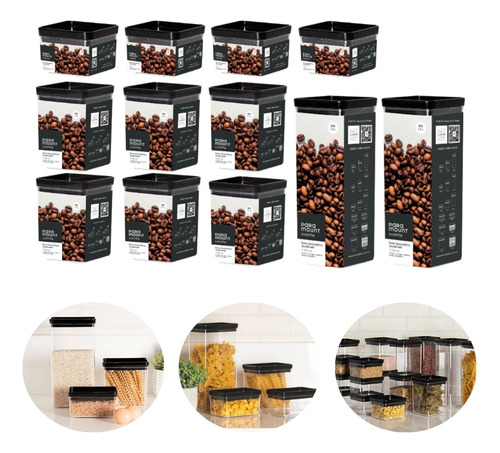 Conjunto 12 Potes Mantimentos Herméticos Quadrado Com Tampa