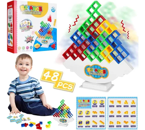 Juego De Equilibrio Tetra Tower De 40 Bloques | Torre De Apilamiento Tetris Para Niños Y Adultos, Con 22 Cartas