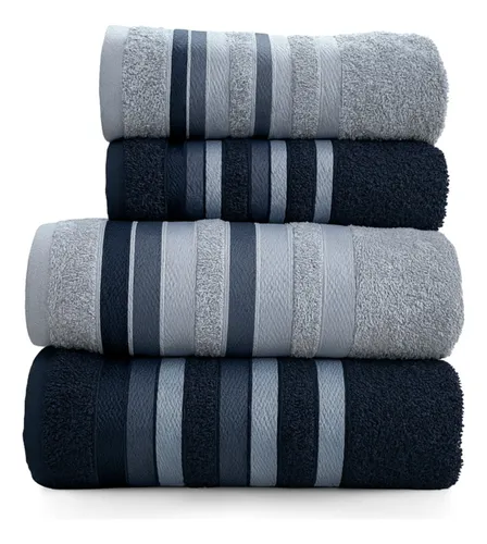 Conjunto de toalhas de banho listradas em tons de cinza e preto