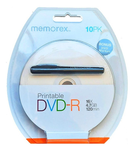 Pack 10 Unidades Dvd-r Memorex 16x Imprimible 4.7gb C/lápiz