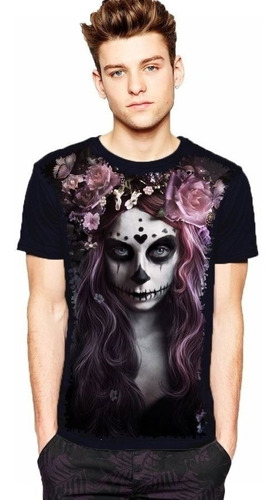Camiseta Adolescente Cranio Caveira Mexicana - Flores