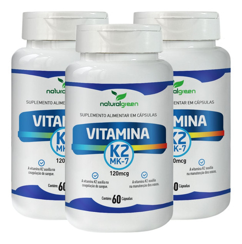 Vitamina K2 Mk7 Kit 180 Cápsulas Suplemento Natural Green 