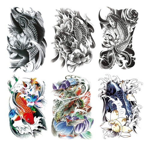 Kotbs 6 Hojas De Tatuajes Temporales Grandes Koi Fish Body T