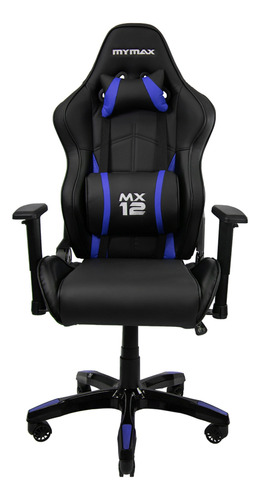 Cadeira de escritório Mymax MX12 gamer ergonômica  preto e azul com estofado de tecido sintético pu
