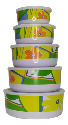 Set X5 Bowls Tápers Melamina Diseños Variados Con Tapa