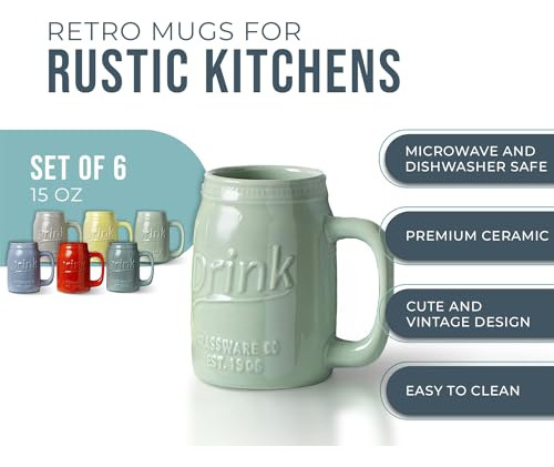 Juego De 6 Tazas Mason Jar De Cerámica 443ml, Colores Vibran