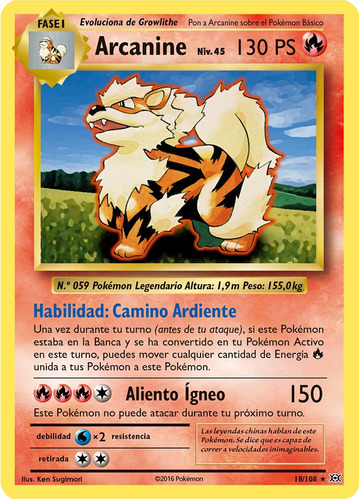 Cartas Pokemon Arcanine 18/108 Español Reverse Xy Evo