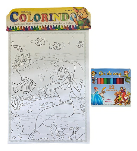 8 Folhas 10 Desenhos P/ Colorir + Giz De Cera 12 Cores