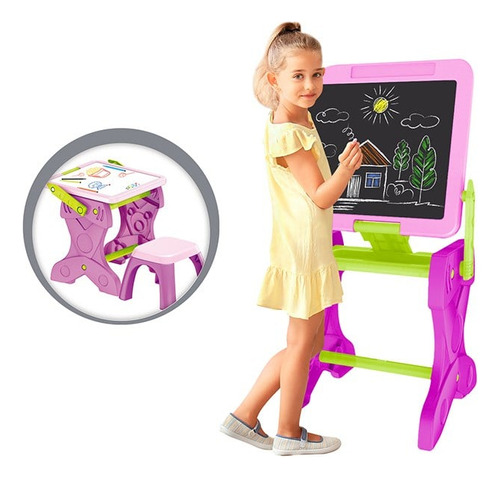 Mesa De Desenho E Lousa Quadro Didático 2 Em 1 C/ Banquinho Cor Roxo