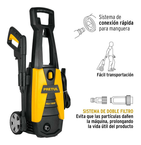 Imagen 3 de 9 de Hidrolavadora eléctrica Pretul HILA-1800P amarilla/negro de 1500W con 12.4MPa de presión máxima 127V - 60Hz