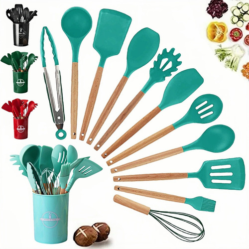 Juego De 12 Utensilios Cocina Silicona Con Espátula Madera Verde Claro