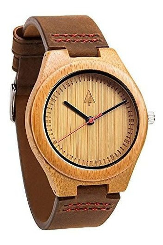 Treehut Reloj De Madera De Bambu Con Correa De Cuero Marro