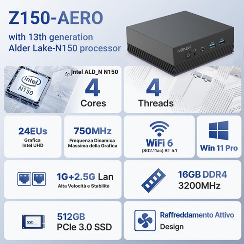 Minix Mini Pc Z150-aero, Intel N150, 16gb Ddr4, 512gb Ssd