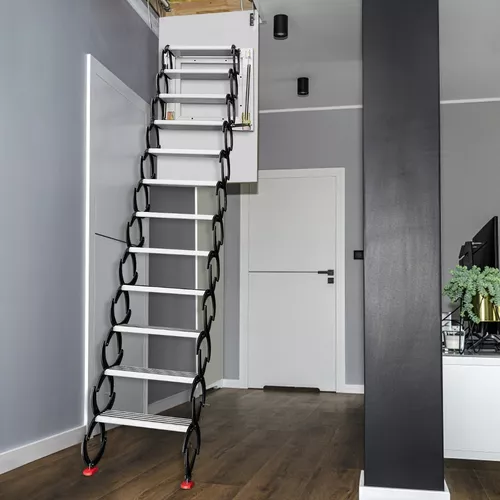 Escalera desplegable para ático – 12 escalones, escaleras plegables negras  con reposabrazos para acceso al ático, escalera retráctil montada en la