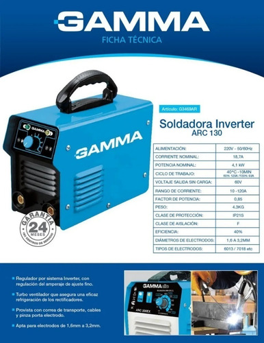 Imagen 2 de 6 de Soldadora Inverter Gamma Arc 130 Amp Electrodos 1.6 A 3.2