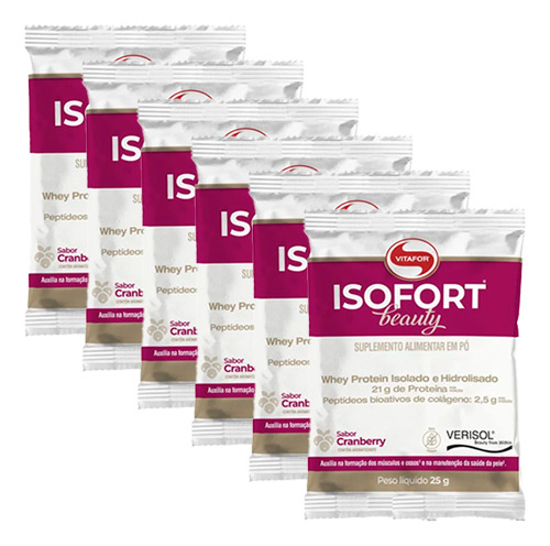 Kit 6 Isofort Beauty Whey Protein Cranberry Vitafor Colágeno 25g