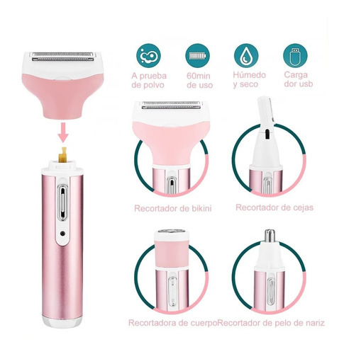 Depiladora 4 En 1 Para Mujer Cejas Rostro Cuerpo Afeitadora Color Rosa