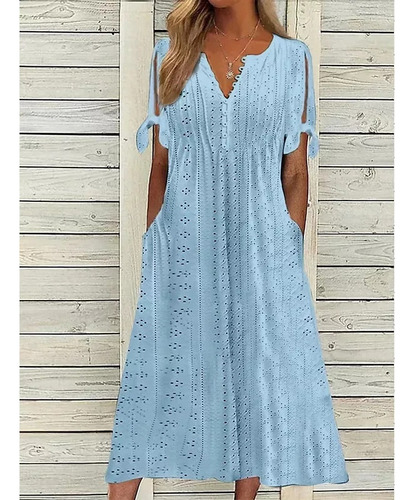 Vestido Casual Plisado, Vestido Midi De Encaje Liso