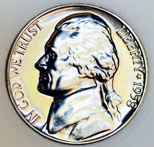 1958 Filadefia Moneda Jefferson Nickel Niquel 5c Cent Proof 