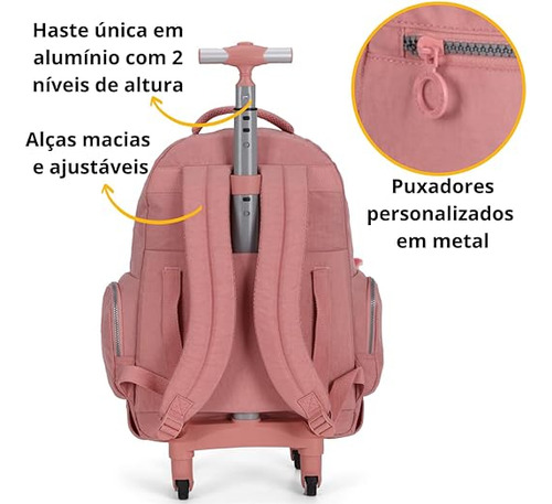 Kit Mochila De Rodinhas 360° E Estojo 100 Pens Colégio Nude