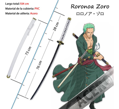LUDEDE Roronoa Zoro Acero Katana - 104cm Wado Ichimonji Anime One Piece Con Cinturón y Soporte - Espada Perfecta Para Cosplay, Colección