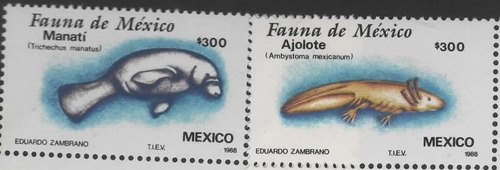 México Estampillas  Fauna Manatí Ajolote 1988 Mnh