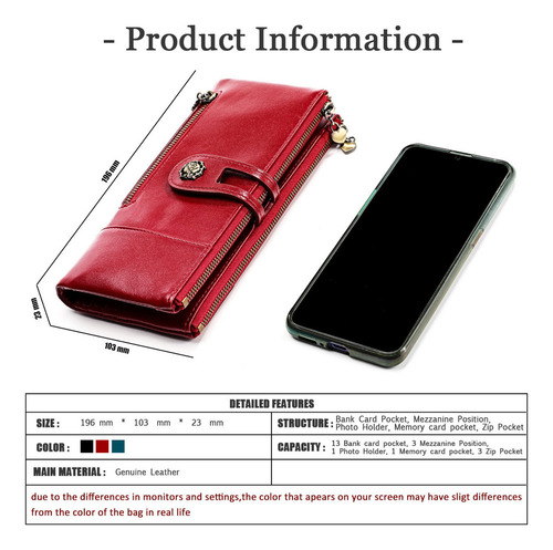 Rfid Cartera Larga Cuero Genuino Señoras Cartera Bolso
