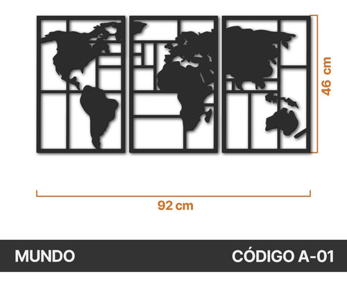 Imagen 2 de 7 de Cuadro Mapa Del Mundo Tríptico Calado En Fibrofacil Negro
