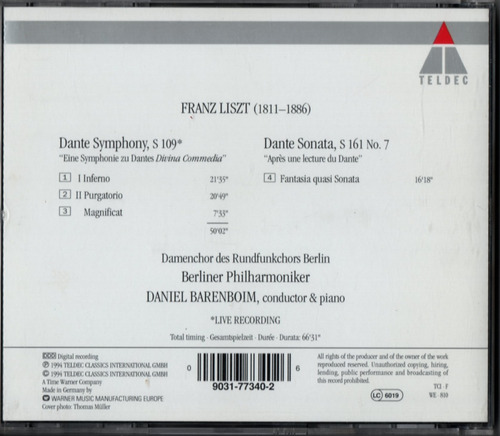 Cd Liszt Dante Symphony Dante Sonata Daniel Barenboim (Usado)