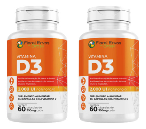 Kit 2x Vitamina D3 2000ui 350mg 2x60 Cps Floral Ervas