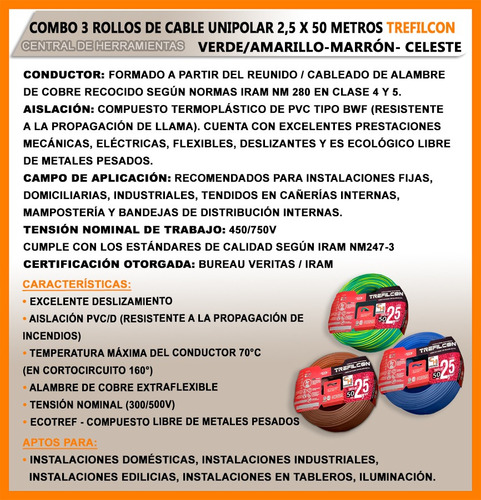 Combo 3 Rollos X 50mts Cable Normalizado 2,5mm Trefilcon