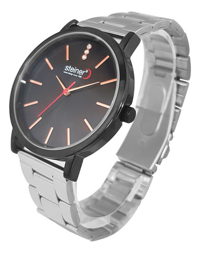 Reloj De Pulso Steiner Para Dama Acero Inoxidable 3atm Correa Plateado Bisel Negro Fondo Negro