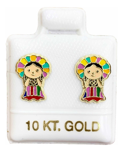 Arete Broquel Muñeca Queretana Mexicana Esmaltado, Oro 10k.