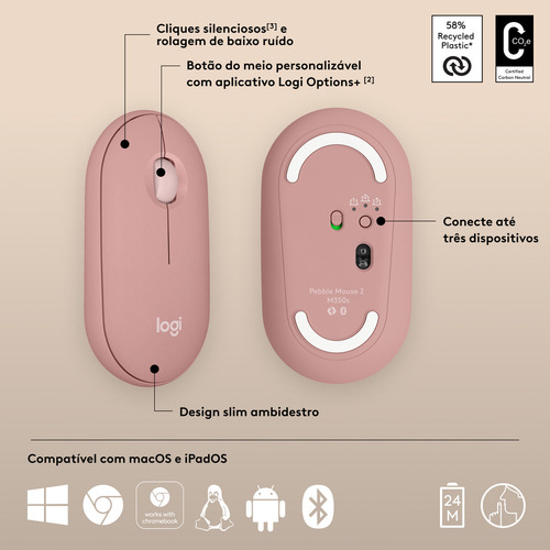 Mouse Sem Fio Bluetooth Logitech Pebble 2 M350s - Rosa