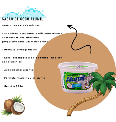 Kit 12 Sabão Pasta Brilho Alumil Coco 500g Desengordura Stat
