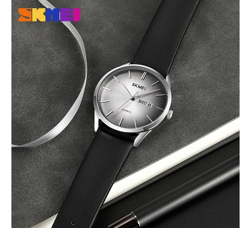 Reloj Pulsera Skmei 1991 Con Correa De Cuero Color Negro - Fondo Gris - Bisel Plateado