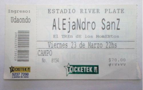 Entrada Concierto Alejandro Sanz Viernes 23/3 En River