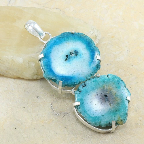 Imagen 1 de 2 de Cuarzo Solar Azul Turquesa Collar Mujer Dije Plata .925