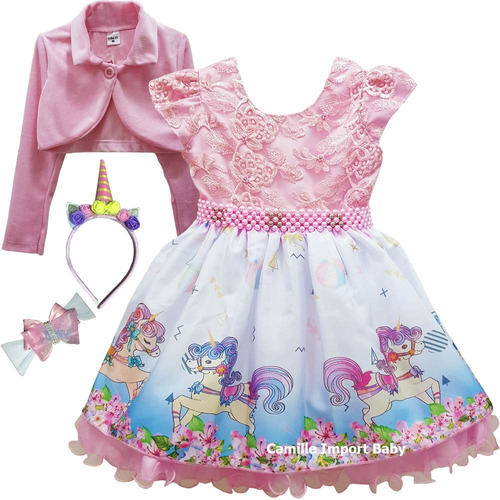 Vestido Unicórnio Flores Baby Infantil Com Bolero Super Luxo