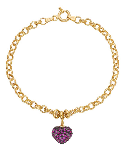 Pulseira Portuguesa Ouro 18k 750 Coração Cravejado Comprimento 20 Cm Diâmetro 5 Cm